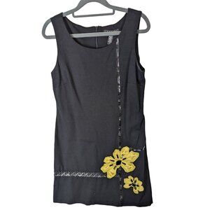 Laundry Women size 6 Black Sheath Dress Embroidered Yellow Flowers Beads Zip Up